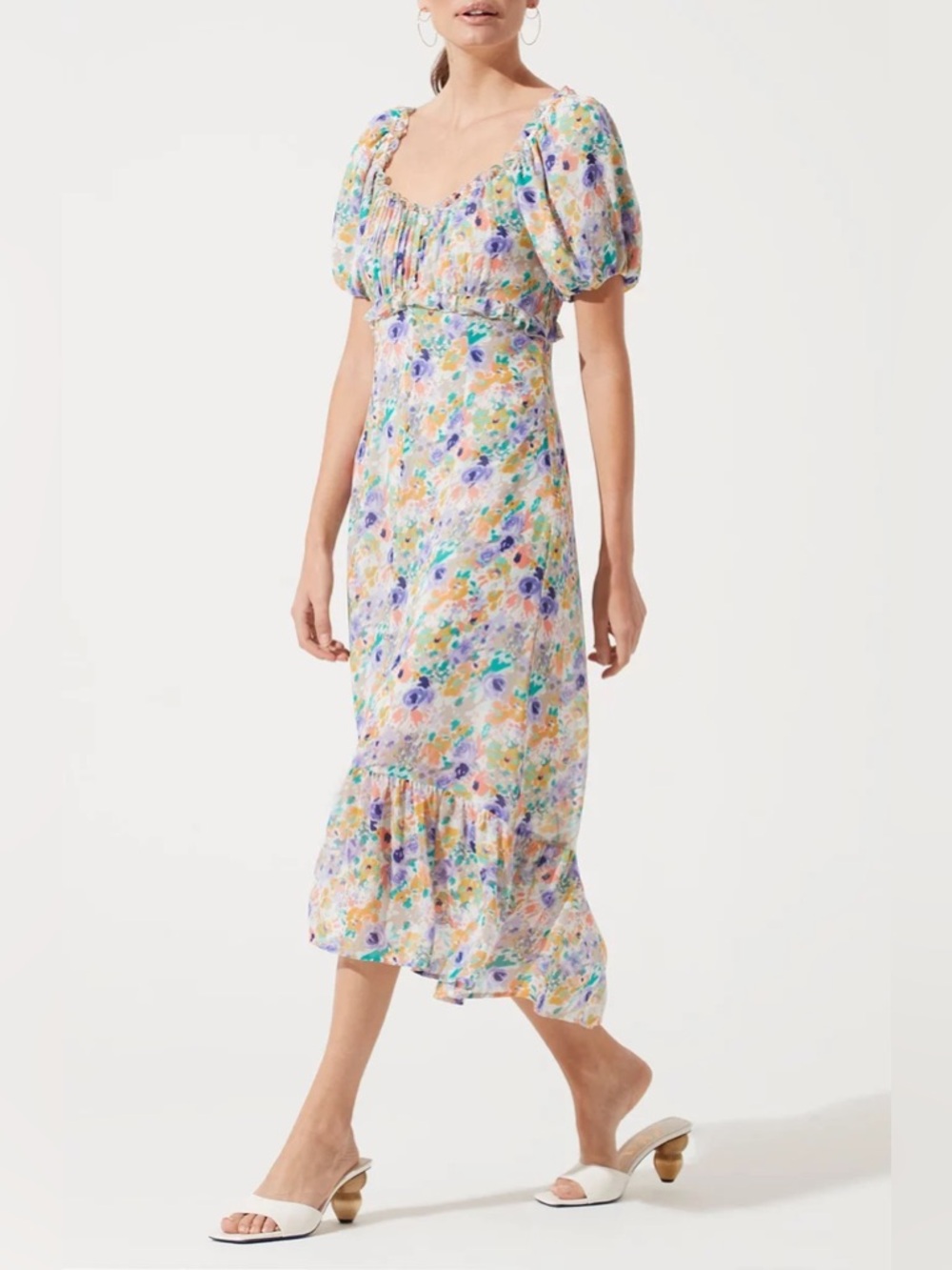 NWOT ASTR The Label Balloon Sleeve Midi Dress Purple Green Multi size small